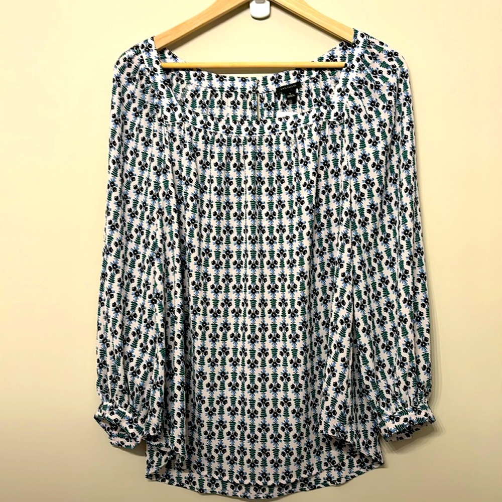 Ann Taylor White Blouse with Teal and Black Floral Print